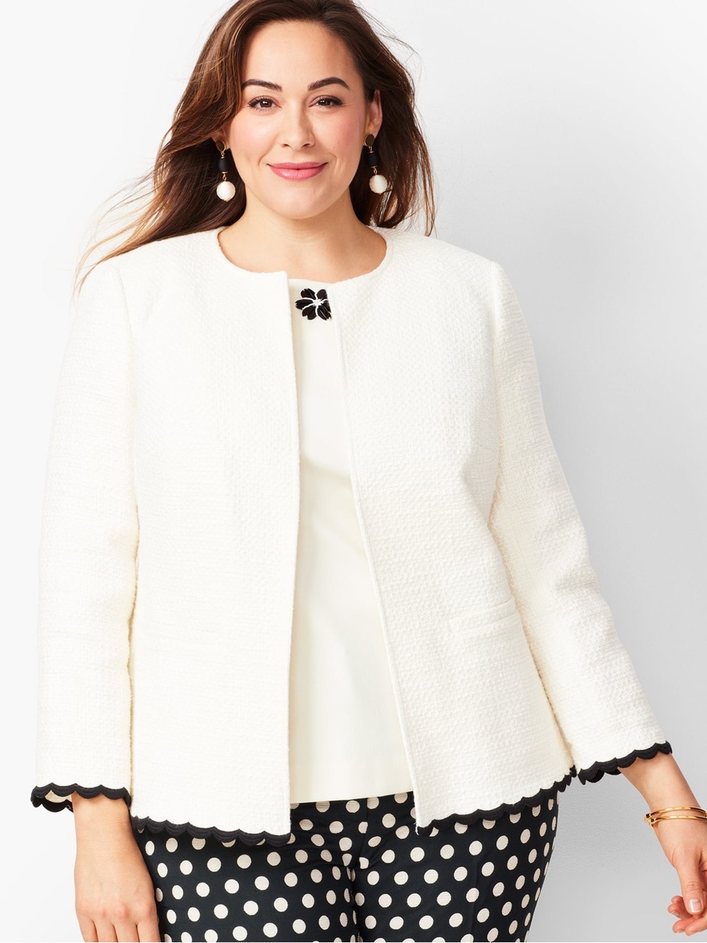 Talbots Cream Textured Open-Front Jacket with Black Scallop Trim